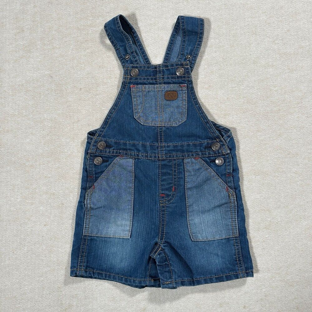 Lee Shortall Overalls Size 18 Months Blue Denim Patchwork Snap Crotch Adjustable